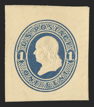 U110, 1c Dark blue on cream, 33x38mm mint cut square, very fresh with detailed embossing, very fine a rare and desirable cut square as no entires are believed to
exist.