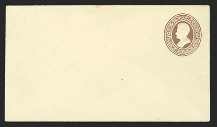 U133, 2c Brown on amber, mint entire, size 6, knife 18, wmk. 2, unsealed flap, trivial stain at top center edge, otherwise very fine would yield an extremely fine full corner
cut square (UPSS 308).