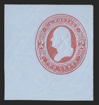 U245, 2c Red on blue, 45x48mm full corner mint cut square, wonderfully fresh and clean, bold embossing, extremely fine.