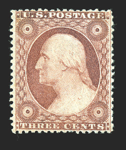 26, 3c Dull red, Ty. II, pristine mint single, extraordinarily fresh, deep rich color and particularly well centered, o.g., n.h., choice very fine 1997 PSE
certificate.