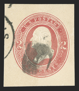 U247, 2c Red on white, 32x38mm cut square, used with cork cancel and bit of a circular date stamp, very fine and scarce.