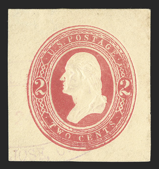 U248, 2c Red on amber, 34x36mm cut square, used with light violet double oval express company handstamp, very fine a rare issue that is hardly available as a mint entire or
cut square.