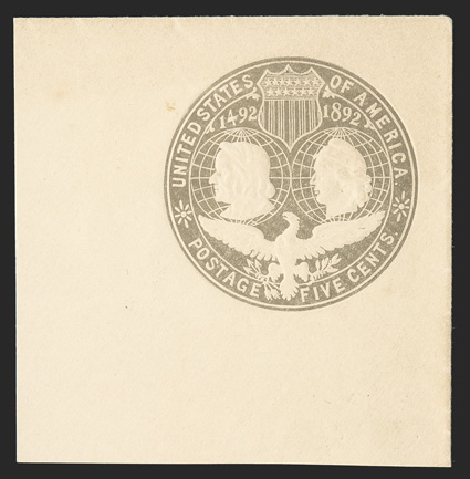 U350a, 5c Columbian, slate brown on white error of color, huge 60x61mm full corner mint cut square, strong unmistakable color, extremely fine and scarce 1990 PF certificate as
a mint entire ex-Barkhausen.