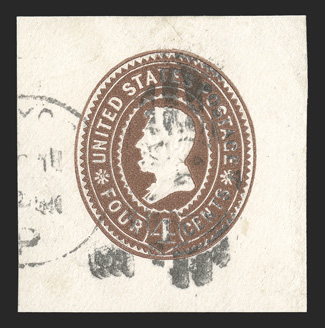 U373, 4c Brown on white, 39x40mm cut square, used with 1902 New York duplex postmark, rich color on fresh white paper, extremely fine and scarce an affordable alternative to a
mint cut square, which catalogs $10,000.00 signed Sloane.