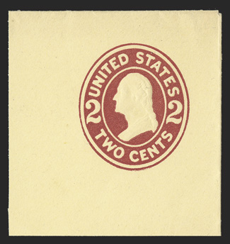 U407a, 2c Brown red on amber, die 2, large 49x52mm full corner mint cut square, good embossing that shows the die characteristics well, fresh and extremely fine far scarcer
than its catalog value would indicate.