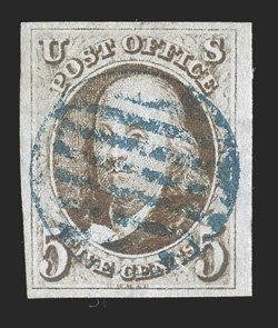 1, 5c Brown, select used single, large to very large margins, strong color on crisp clean paper, socked-on-the-nose blue grid cancel, extremely fine.