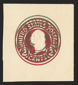 U429j, 2c Carmine on white (U429), with added impression of 1c Green (U420), 41x45mm full corner mint cut square, fresh and very fine a visually striking double impression
error of two different circular dies.