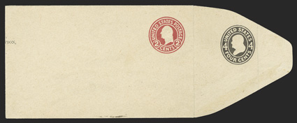 U429k, 2c Carmine on white (U429), with added impression of 4c Black, die 1 (U416a), mint entire, size 7, knife 35, wmk. 20, the 4c oval die impression on the right side flap,
this having been made in an effort during WWI to economize on paper