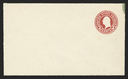 U429l, 2c Carmine on white (U429), with added impression of 1c Green (U400), mint entire, size 7, knife 42, wmk. 20, with the 1c oval die mostly on right side flap, but also
showing a bit in the top right corner and partly cut away by the knif