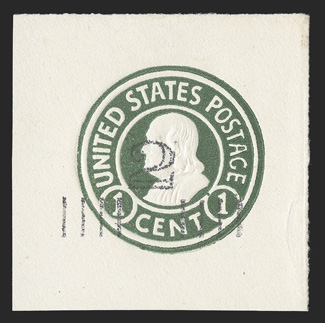U452, 2c on 1c Green on white, die 1, 42x43mm mint cut square, bright and fresh, very fine an attractive example of this rare and seldom offered cut square.