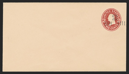 U453C, 2c on 2c Carmine on oriental buff, die 6, a pristine mint entire, size 10, knife 58, wmk. 17, extraordinarily clean and fresh, extremely fine a gem example of this
rarity it is believed that only 24 of these die 6 entires received the