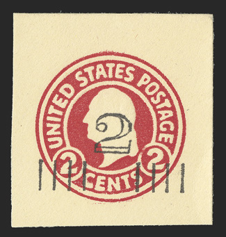 U455, 2c on 2c Carmine on amber, die 1, 36x38mm full corner mint cut square, vivid rich color on crisp clean paper, very fine a rare and seldom offered cut square as it is
believed that only 33 entires were found, some having been reduced t