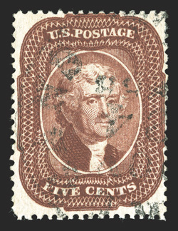28, 5c Red brown, Ty. I, used, wonderfully rich color and a crisp clean impression, unusually light town cancel, nearly very fine 1986 PF certificate as 28A (the rare Indian
red shade), and a 2010 PF certificate.