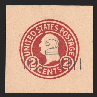 U456a, 2c on 2c Carmine on oriental buff, die 5, mint cut square measuring a balanced 39x39mm, fresh with bright color, very fine and choice.