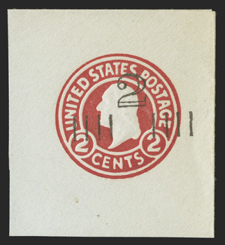 U457a, 2c on 2c Carmine on blue, die 5, 44x49mm full corner mint cut square, extremely fine.