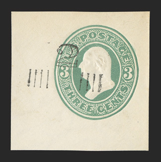 U467, 2c on 3c Green on white, die 2, 42x42mm mint cut square, extremely fine and scarce.