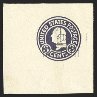 U474a, 2c on 1c on 3c Dark violet on white, die 5, double surcharge, attractive mint cut square of this twice surcharged issue, being a full corner measuring a very large and
perfectly square 54x54mm, intense color and impression, plus both surc