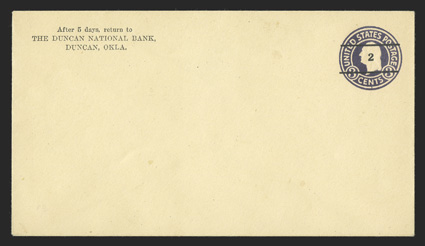 U476, 2 on 3c Dark violet on amber, die 1, UPSS die 143, size 13, knife 80, wmk. 19, choice mint entire with printed corner card of the Duncan National Bank of Duncan,
Oklahoma, plus Bank slogan printed on the reverse, strong colors, extremely