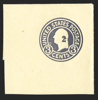 U478, 2 on 3c Dark violet on amber, die 1, highly select mint cut square, being a full corner example measuring an extra-large 54x54mm, brilliantly fresh deep color on bright
paper, extremely fine.