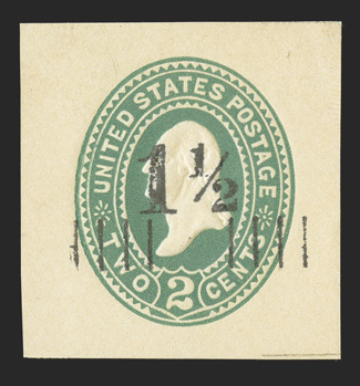 U487, 1½c on 2c Green on amber, 36x37mm mint cut square, very fresh with bold embossing, very fine and rare.