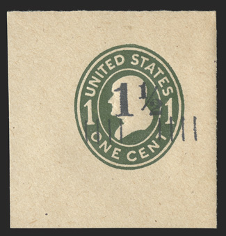 U494, 1½c on 1c Green on manila, die 1, mint cut square, nearly a full corner with just the top flap removed, measuring a large 48x50mm, fresh and extremely
fine.
