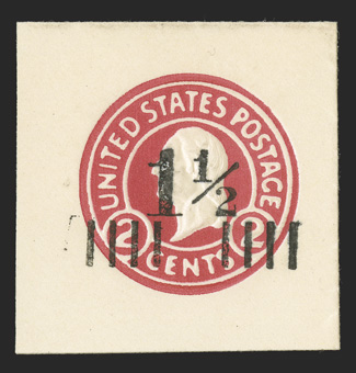 U502b, 1½c on 2c Carmine on white, die 7, 40x41mm full corner mint cut square, detailed embossing, fresh and very fine.