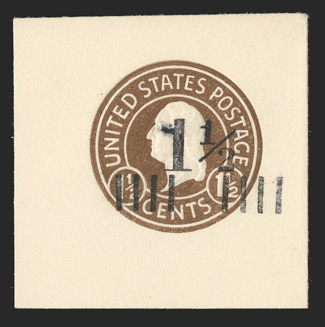 U505a, 1½c on 1½c Brown on white, die 8, 46x46mm full corner mint cut square, fresh and extremely fine.