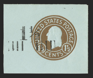 U506, 1½c on 1½c Brown on blue, die 8, 50x41mm full corner mint cut square, fresh and extremely fine.