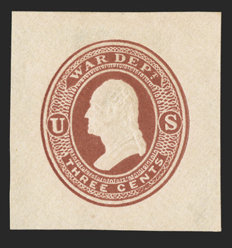 UO22, 3c Dark red War Dept. on cream, 36x37mm mint cut square, rich color on clean paper, very fine and scarce.