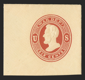 UO38, 6c Vermilion War Dept. on cream, 47x48mm full corner mint cut square, rich color and highly detailed embossing, fresh and extremely fine.
