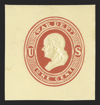 UO45, 1c Red War Dept. on amber, 37x39mm mint cut square, highly detailed embossing, rich color on fresh paper, very fine, a choice example of this scarce cut square which is
not known as an entire.