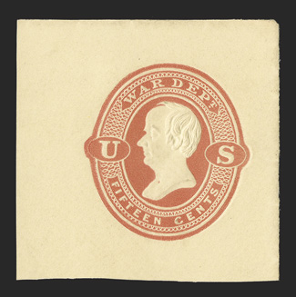 UO65, 15c Red War Dept. on amber, 43x43mm mint cut square, rich color and sharp embossing on fresh paper, extremely fine.