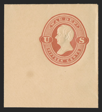 UO66, 15c Red War Dept. on cream, 51x55mm full corner mint cut square, faint spot well away from the indicia which could easily be cut away, still extremely
fine.