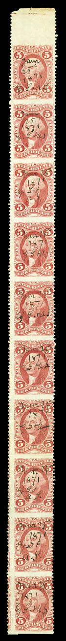 R24b, 5c Certificate, part perforated, vertical strip of ten with full sheet selvage at top, bright color, light 1871 ms. cancels, crease between seventh and eighth stamps,
small tear in sixth stamp, otherwise fine this is the only recorded s