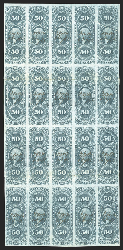 R54a, 50c Conveyance, imperforate, block of twenty (5x4), the two right stamps in the top row have impressive pre-printing folds, large margins all around, lovely rich color,
neat 1862 ms. cancels, two reinforced horizontal creases which break t