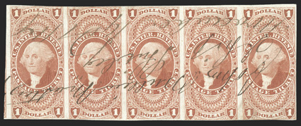 R74a, $1.00 Passage Ticket, imperforate, an impressive horizontal strip of five, with huge margins to close but clear in places, bright fresh color and paper, interesting 1864
ms. cancel of John Mullins MasterShip Shirley covering the entire