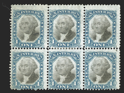 R103, 1c Blue and black, mint block of six (3x2), strong colors, o.g., fine only one larger multiple is known (rejoined block of sixteen) ex-Turner,
Cunliffe.