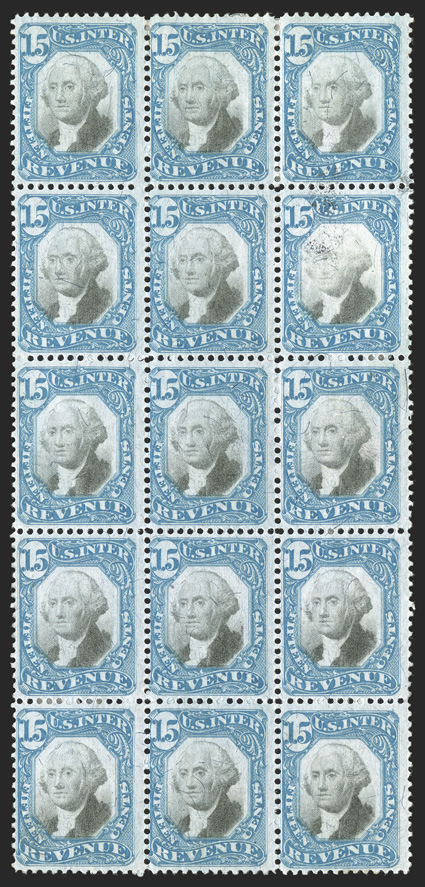 R110, 15c Blue and black, mint block of fifteen (3x5), strong colors, o.g., minor soiling at top right and a few small thin spots, fine appearance one of only two blocks of
fifteen (the other is irregular), with just one slightly larger block