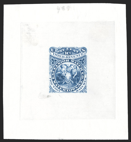 RO81P, RO82P, Excelsior Match Co, 1c proof lot, seven items, with RO81P1, three RO81TC1 in blue, RO82P1 and two RO82TC1 (blue, green), most are stamp size or a little larger,
though one RO81TC has full die sinkage, a few minor faults, other