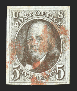 1, 5c Brown, choice used example, large even margins all around, strong fresh color and clear impression, cancelled in red, extremely fine.