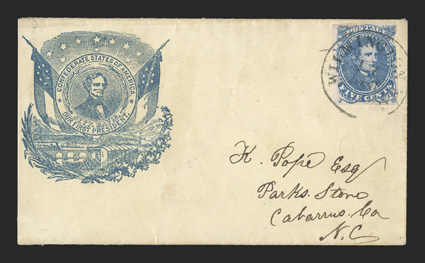4, 5c Blue, Stone 2, three ample to large margins, small flaws including tiny tear at top right, radiant blue shade with clear impression, tied by centrally struck Wilmington
N.C.17 Apr altered prewar datestamp to cream cover with matching