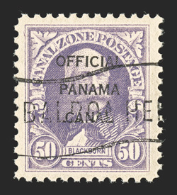 O8, 50c Rose lilac, Ty. 1A ovpt., c.t.o. cancel as always, still with full original gum, uncommonly well centered and margined, very fine photocopy of a 1970 APS certificate
for a block of four, this being the top right stamp.