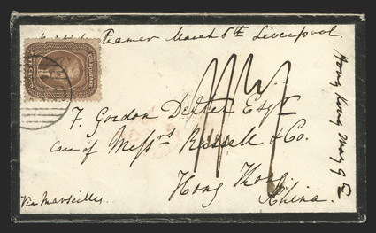 30A, 5c Brown, Ty. II, single tied by large Boston Paid on 1861 mourning cover to Hong Kong, Boston exchange marking, London transit and Hong Kong receiver all on reverse,
quite fresh and very fine an impressive and rare usage 2009 PF cert