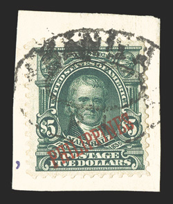 239, $5.00 Dark green, an incredibly rare used example of this high value, in fact, this is only the second certified used example we have ever offered, tied to small piece by
double oval Manila postmark, nicely centered, especially rich col