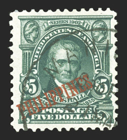 239, $5.00 Dark green, an incredibly rare used example of this high value, well centered within large margins, deep color and impression, light c.d.s. cancel, the PSE
certificate notes a small internal cancel penetration, while the PF notes an a