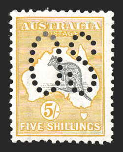 OA12, 1913 5- Yellow and gray, large perforated OS, bright colors, o.g., tiny h.r., very fine an elusive perforated official stamp 2010 Ceremuga certificate (S.G. O12 £875
ACSC 42ba).