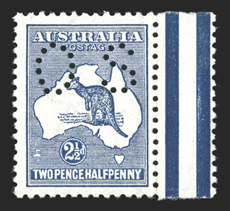 OB4, 1914 2½p Dark blue, small perforated OS, position 2L30, being a right margin copy showing the islands south of WA plate variety, marvelously bright and fresh, o.g., n.h.,
very fine and choice 2010 Ceremuga certificate (S.G. O19 for h