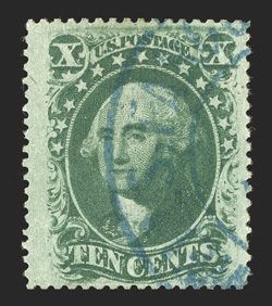 35, 10c Green, Ty. V, desirable used example that is well centered within exceedingly wide margins, beautifully cancelled by a blue Wells Fargo double circle postmark,
extremely fine 1988 and 2006 PF certificates ex-Koppersmith.