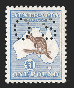 OB56, 1916-23 £1 Ultramarine and brown, small perforated OS, fresh colors on clean white paper, nicely centered, o.g., minor h.r., very fine an attractive example of this
exceedingly rare stamp 2010 Ceremuga certificate (S.G. O52 £3,250 A