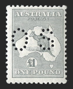 OB57, 1924 £1 Gray, small perforated OS, rich fresh color, o.g., n.h., fine an especially rare stamp in never hinged condition 2010 Ceremuga certificate (S.G. O78 for hinged
£1,100 ACSC 53b) ex-Australia Post archives.